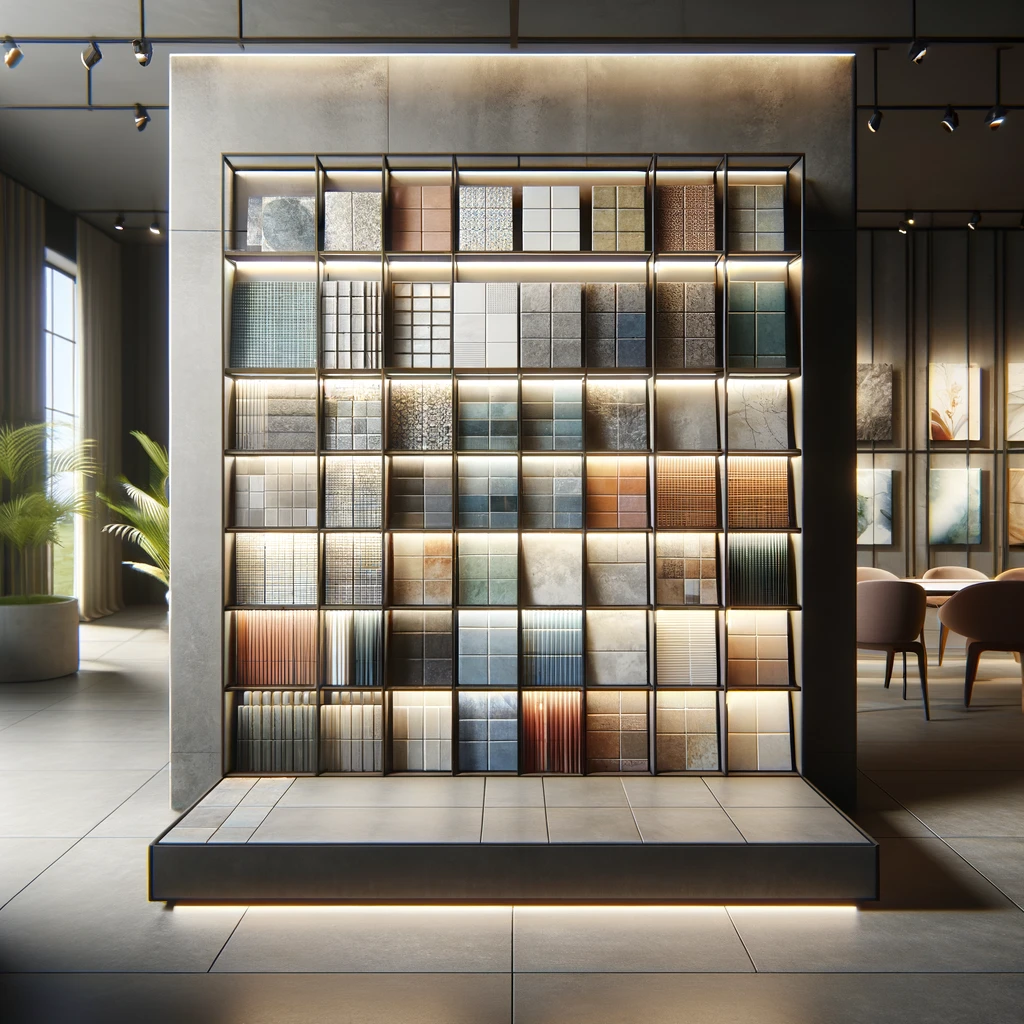 Dall·e 2024 05 13 09.08.00 A Square Format Image Showcasing A Modern And Stylish Tile Display Rack In A Showroom. The Rack Should Be Filled With An Array Of Ceramic Tiles, Each